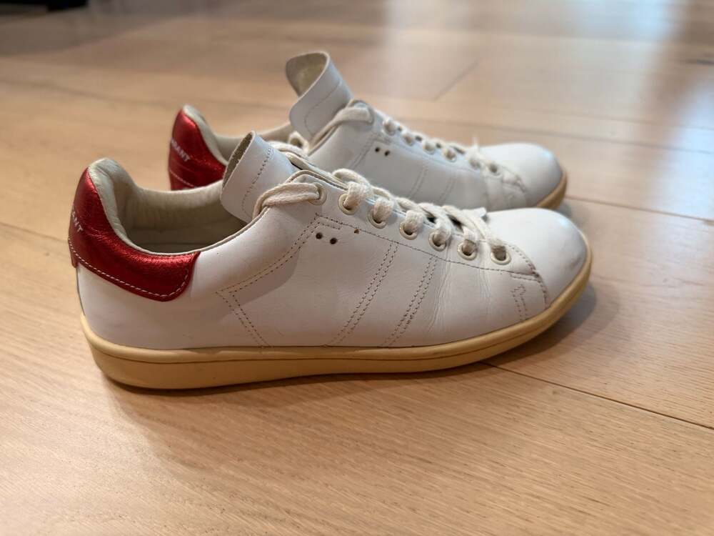 Isabel Marant Etoile Bart White Leather Low Top Sneakers with Red Metallic Heel